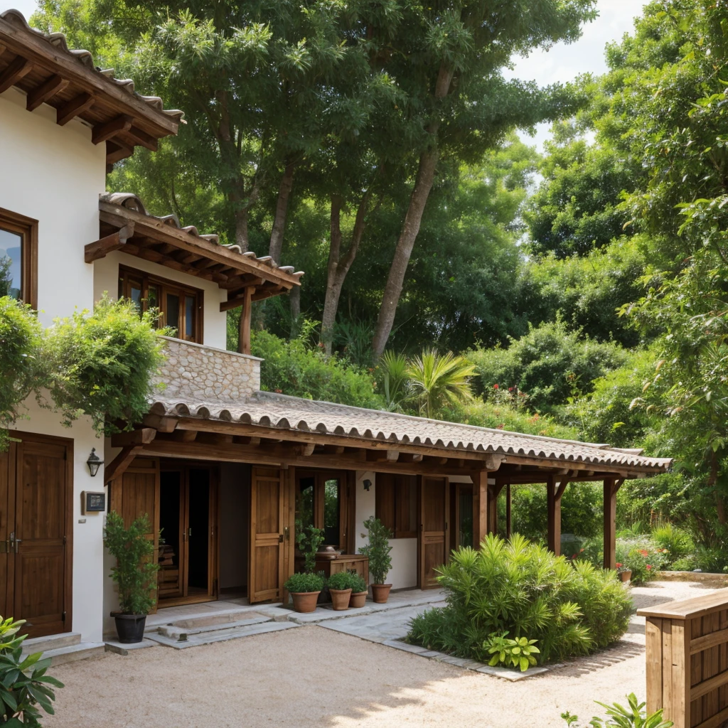Photographie surréaliste vue d'en haut, villa tropicale à 2 étages, murs peints avec effet enduit olive jaune, toit en tuiles, colonnes en bois, portes en bois, auvent voûté. Jardin verdoyant et luxuriant