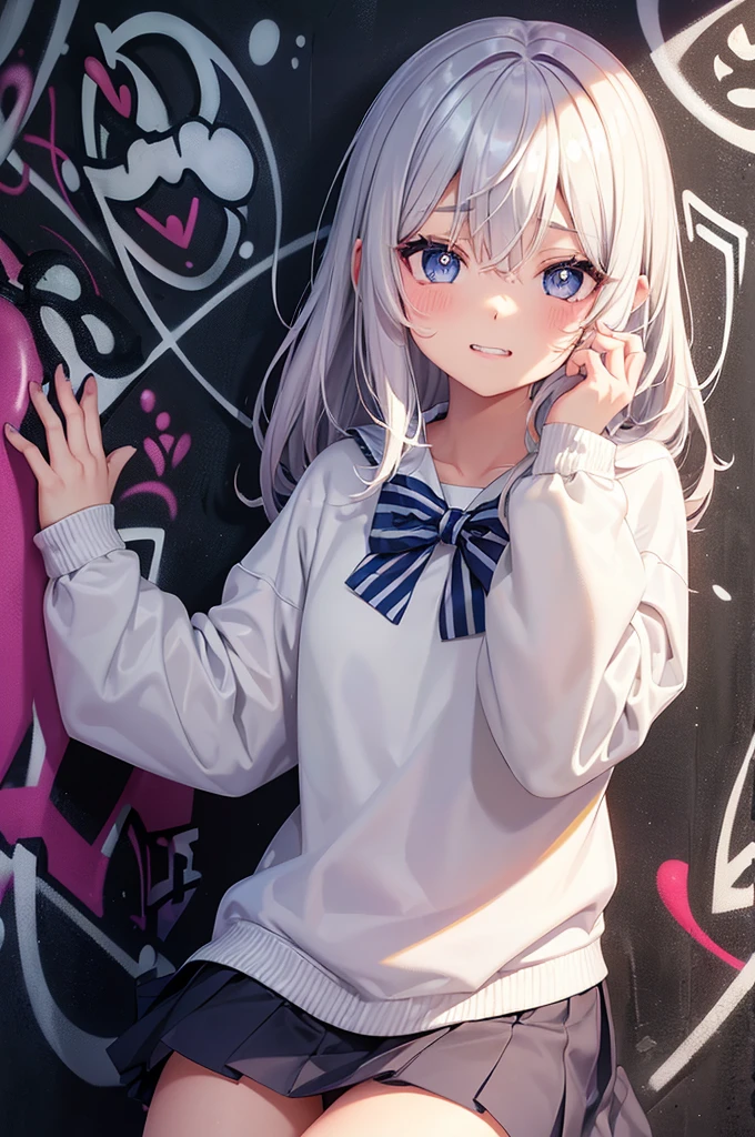Grin, From above, (Squint your eyes:1.2), close, One Girl, blush, sit, nsfw,beautiful girl Wear a uniform, Light blue skirt, Long skirt, small bow, small bow, anime movie((masterpiece)), ((Highest quality)), (anime:1.3), (Super detailed:1.2), (High resolution:1.3), (Professional photography:1.3), ((12 years old)), cute young Girl, Shiny, unruly hair, (Loosely swayed bangs), (Silver Ash Hair), Medium Hair, Big eyes, (Sagging under the eyes:1.5), (Long eyelashes), colorful eyes, (得意げでblushする), Open your mouth, Glossy Lips, (Jagged teeth), farewell, ((Oversized striped sweatshirt)), bare hands, cute, (Cover your face with your hands), (colorful:1.3), Gothic Makeup, (Against the graffiti wall:1.5),