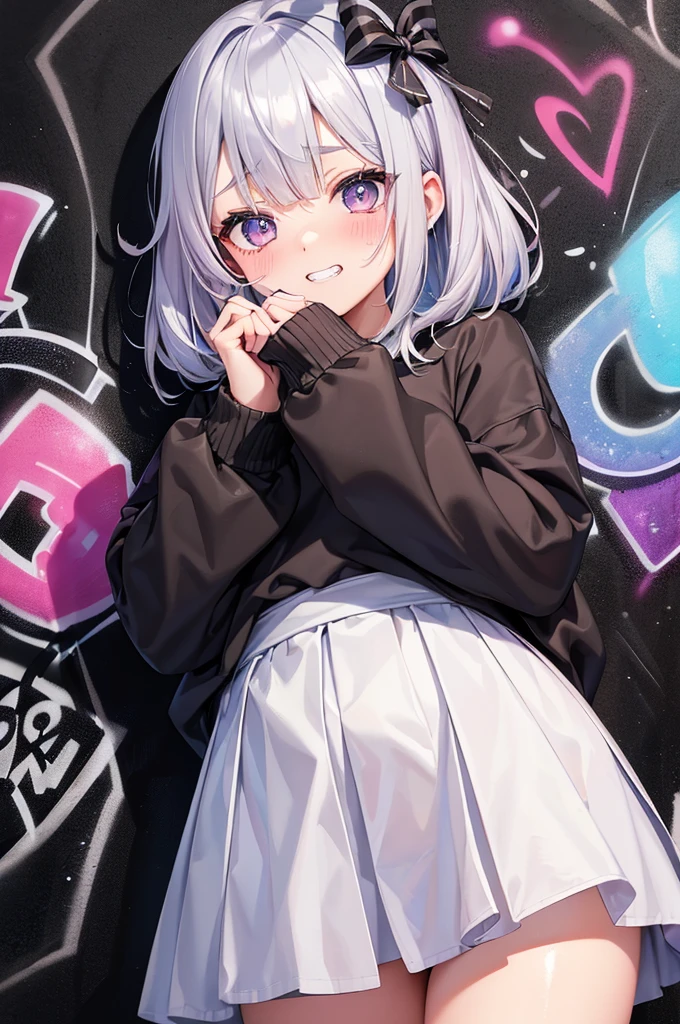 Grin, From above, (Squint your eyes:1.2), close, One Girl, blush, sit, nsfw,beautiful girl Wear a uniform, Light blue skirt, Long skirt, small bow, small bow, anime movie((masterpiece)), ((Highest quality)), (anime:1.3), (Super detailed:1.2), (High resolution:1.3), (Professional photography:1.3), ((12 years old)), cute young Girl, Shiny, unruly hair, (Loosely swayed bangs), (Silver Ash Hair), Medium Hair, Big eyes, (Sagging under the eyes:1.5), (Long eyelashes), colorful eyes, (得意げでblushする), Open your mouth, Glossy Lips, (Jagged teeth), farewell, ((Oversized striped sweatshirt)), bare hands, cute, (Cover your face with your hands), (colorful:1.3), Gothic Makeup, (Against the graffiti wall:1.5),