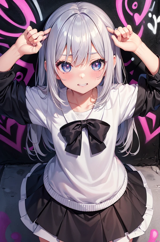 Grin, From above, (Squint your eyes:1.2), close, One Girl, blush, sit, nsfw,beautiful girl　 Wear a uniform, Light blue skirt, Long skirt, small bow, small bow, anime movie((masterpiece)), ((Highest quality)), (anime:1.3), (Super detailed:1.2), (High resolution:1.3), (Professional photography:1.3), ((12 years old)), cute young Girl, Shiny, unruly hair, (Loosely swayed bangs), (Silver Ash Hair), Medium Hair, Big eyes, (Sagging under the eyes:1.5), (Long eyelashes), colorful eyes, (得意げでblushする), Open your mouth, Glossy Lips, (Jagged teeth), farewell, ((Oversized striped sweatshirt)), bare hands, cute, (Cover your face with your hands), (colorful:1.3), Gothic Makeup, (Against the graffiti wall:1.5),
