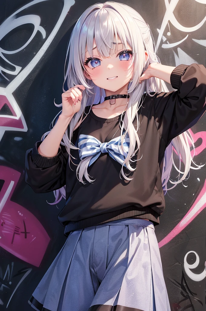 Grin, From above, (Squint your eyes:1.2), close, One Girl, blush, sit, nsfw,beautiful girl Wear a uniform, Light blue skirt, Long skirt, small bow, small bow, anime movie((masterpiece)), ((Highest quality)), (anime:1.3), (Super detailed:1.2), (High resolution:1.3), (Professional photography:1.3), ((12 years old)), cute young Girl, Shiny, unruly hair, (Loosely swayed bangs), (Silver Ash Hair), Medium Hair, Big eyes, (Sagging under the eyes:1.5), (Long eyelashes), colorful eyes, (得意げでblushする), Open your mouth, Glossy Lips, (Jagged teeth), farewell, ((Oversized striped sweatshirt)), bare hands, cute, (Cover your face with your hands), (colorful:1.3), Gothic Makeup, (Against the graffiti wall:1.5),