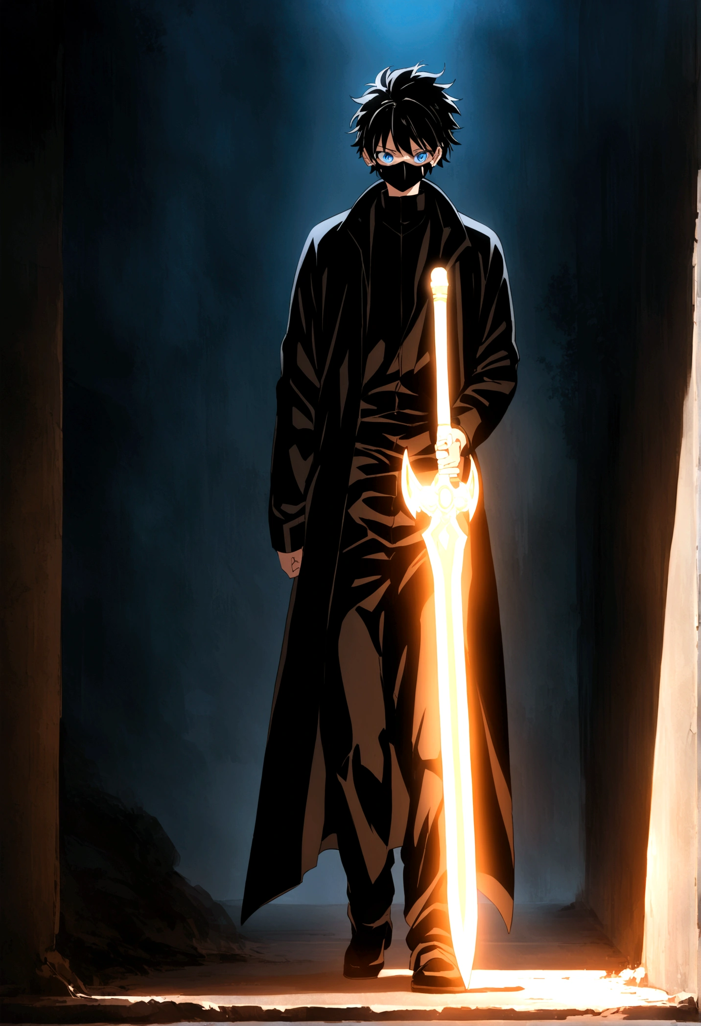 A electric boy with an electric sword in his hand wearing a mask on his face her hair is electric her face is electric he is on the road and writing S on his long suit in anime long photo