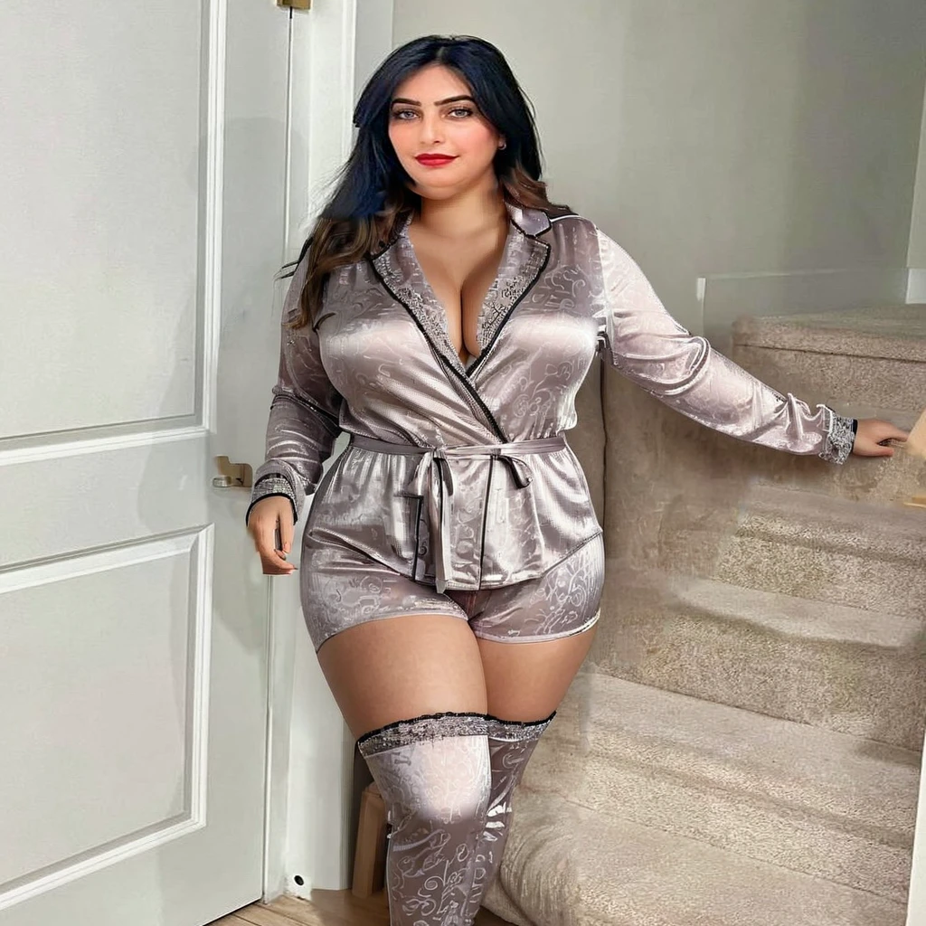 a beautiful woman wearing a black sexy pajamas, curvy body, deep cleavage, thick thighs, realistic, high quality, 4k, photorealistic, intricate details, chiaroscuro lighting, warm color palette, elegant, sensual, alluring