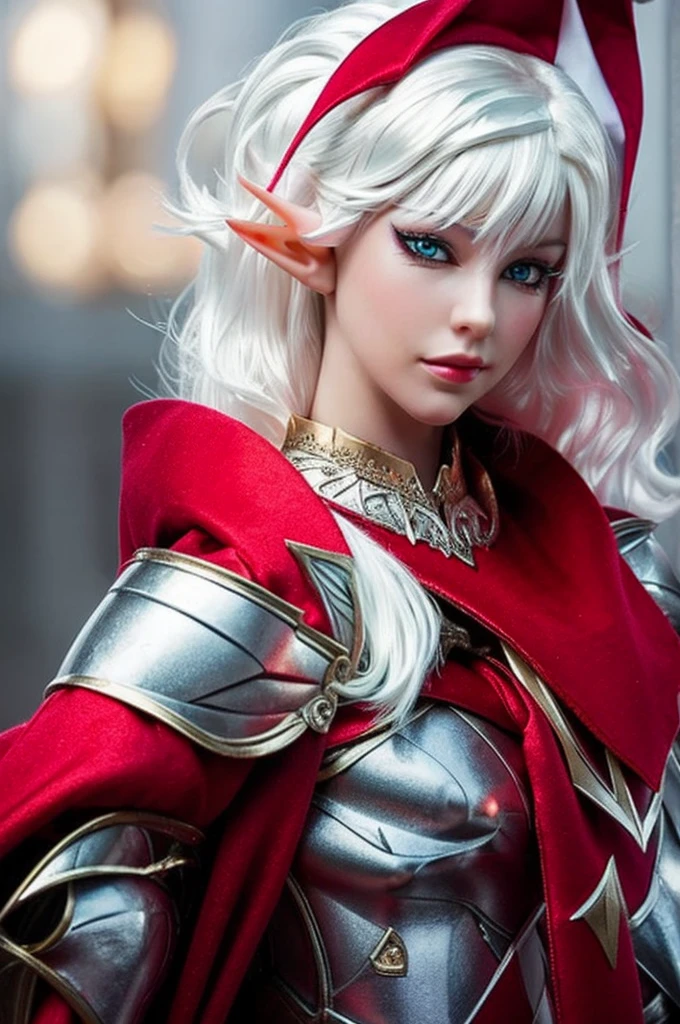 female elf knight, full body art, silver hair, white skin, red iris eye, knight full plate adorned armor, silver cape, perfectly detailed