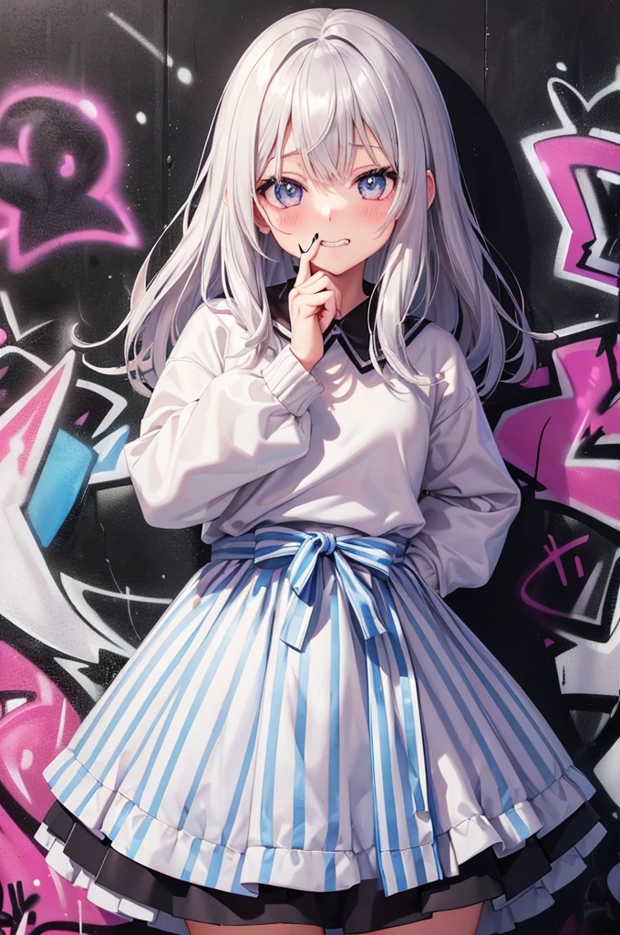 Grin, From above, (Squint your eyes:1.2), close, One Girl, blush, sit, nsfw,beautiful girl Wear a uniform, Light blue skirt, Long skirt, small bow, small bow, anime movie((masterpiece)), ((Highest quality)), (anime:1.3), (Super detailed:1.2), (High resolution:1.3), (Professional photography:1.3), (()), cute young Girl, Shiny, unruly hair, (Loosely swayed bangs), (Silver Ash Hair), Medium Hair, Big eyes, (Sagging under the eyes:1.5), (Long eyelashes), colorful eyes, (得意げでblushする), Open your mouth, Glossy Lips, (Jagged teeth), farewell, ((Oversized striped sweatshirt)), bare hands, cute, (Cover your face with your hands), (colorful:1.3), Gothic Makeup, (Against the graffiti wall:1.5),