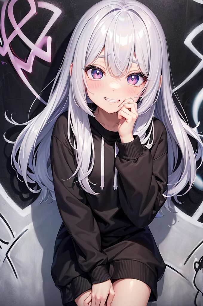((highest quality)), ((masterpiece)), ((Very detailed)), (Very cute),絹のような優しい薄い茶colorの髪の身長が165cmくらいの女性,color(white)(orange)(black)が3color均等に使われたある光沢感を薄いロングヘアのフード付きのパーカーを着た女性, alone, Cute attitude,(background(bright),Long Hair - Straight,Knee-high socks、Hooded parka white wall、Sitting、Face is close、Being in a white room、Facing the viewer、Illustration-like feel