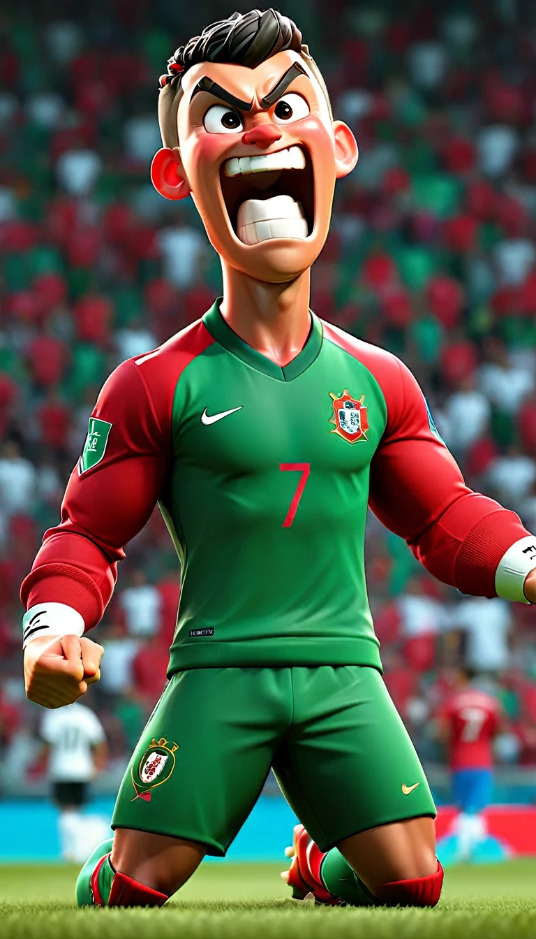 1 men,football star,Cristiano Ronaldo,celebration,Pixar style,3D,ultra high definition,8K,high quality,master,masterpiece,simple background,owo style,Portuguese national football team,Portugal national team jersey,red jacket,green shorts,