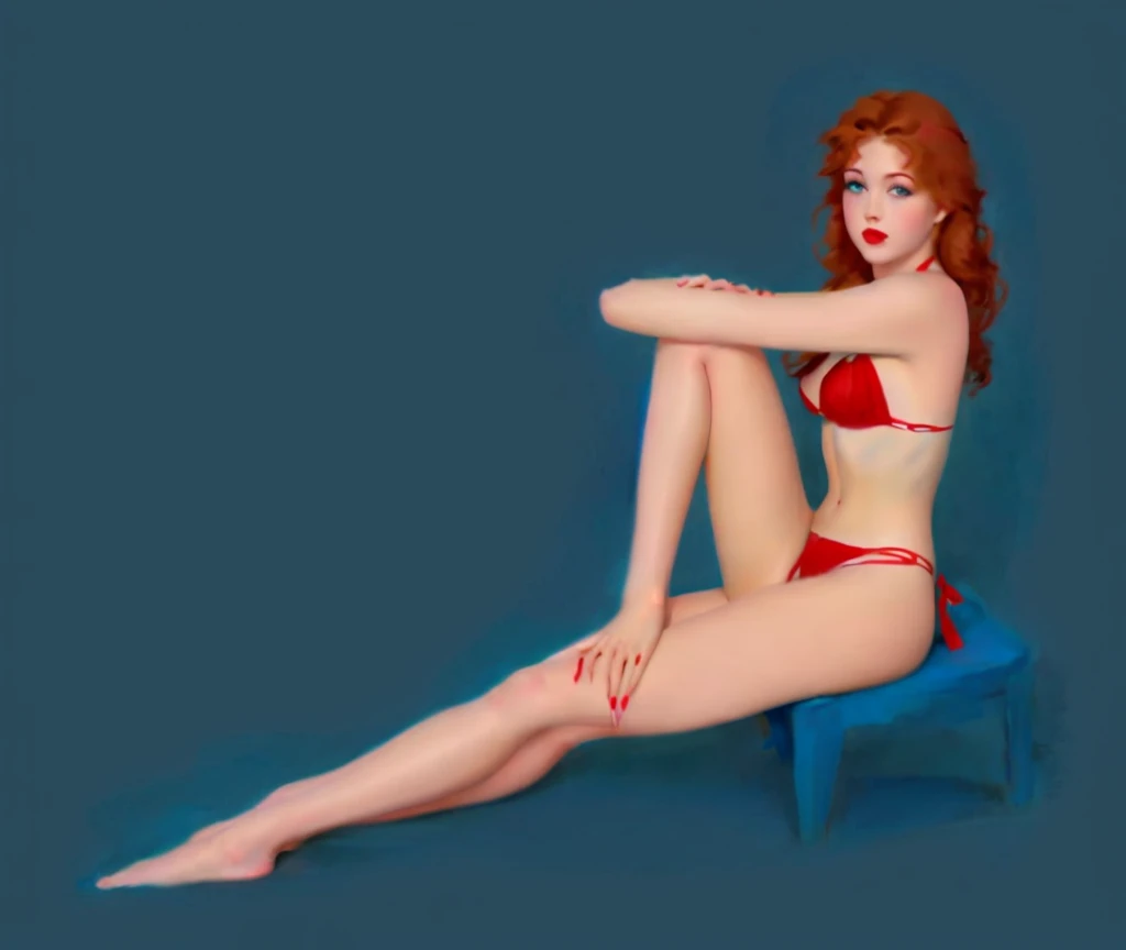 beautiful pinup girl sitting down on blank blue background. Red bikini, brownish red hair, red lipstick, bare feet, only 2 legs