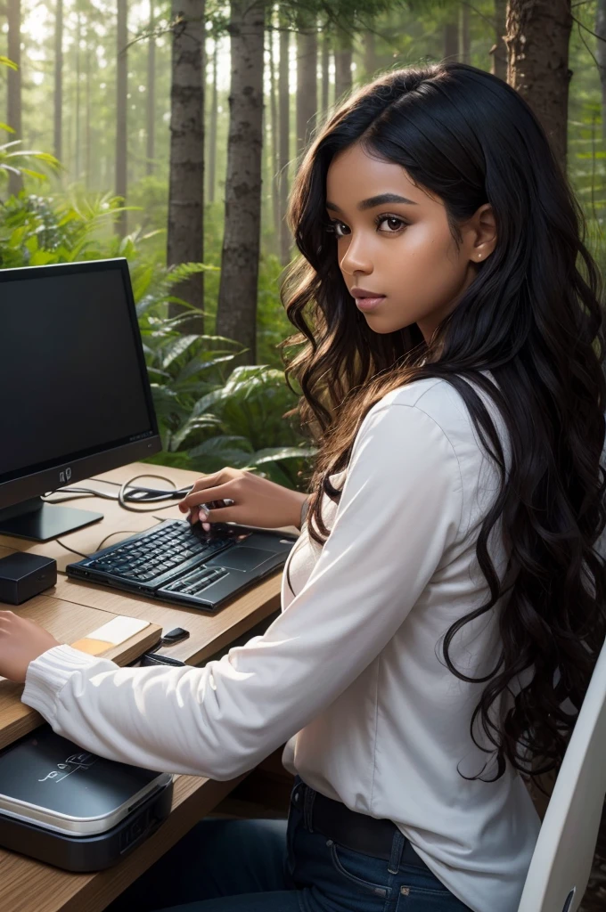 a life clipper with brown skin and black wavy hair, working on the computer with a forest background.