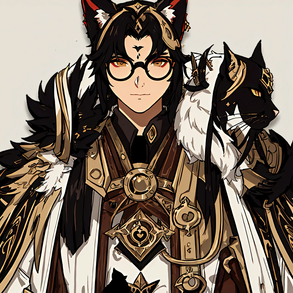 masterpiece, best quality, simple background, portrait, solo, 1cat, human-cat, man, male, furry, 21 years, glasses, black cat hair
