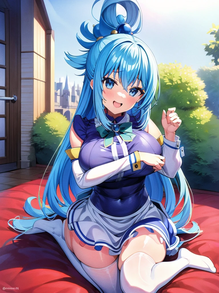 Best Image Quality, 8 k, high quality, masterpiece:1.2), ((masterpiece)), (high detail, high quality, Best Image Quality), solo, 1 girl, Konosuba ,aqua, detailed face, exhilaration, beautiful smile, looks at the viewer, detailed clothing, detailed fabric, Hair rings, maid, lace, shoes, big breasts, middle thighs, Bedroom, Bed, kneeling on the bed, On knees