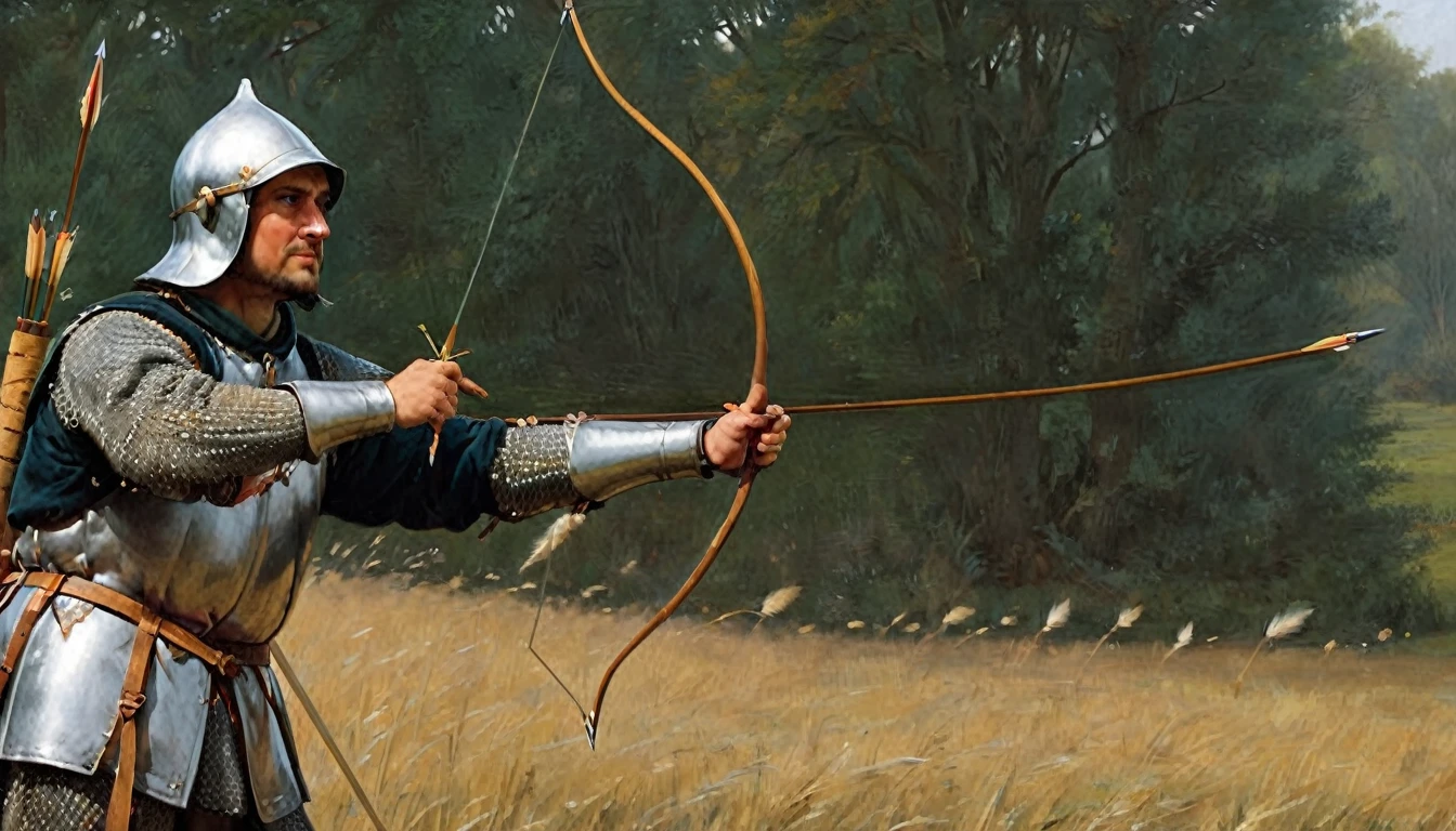 14th century, an English longbowman, details of clothing and longbow. The archer stands on a battlefield, dressed in chain mail over a padded gambeson and an iron helmet. He wears a leather gorget to protect his neck and a cloth hood under his helmet. His long yew bow, tall and elegant, is drawn and ready to shoot. On his back hangs a quiver full of white-feathered arrows. His hands, calloused from constant use of the bow, hold an arrow firmly. The setting suggests a battlefield, with fellow archers and knights in the distance. The details of their clothing and equipment are meticulously rendered, reflecting historical authenticity., Hyperrealism, UHD, retina, masterpiece, accurate, anatomically correct, textured skin, super detail, award winning, 8k