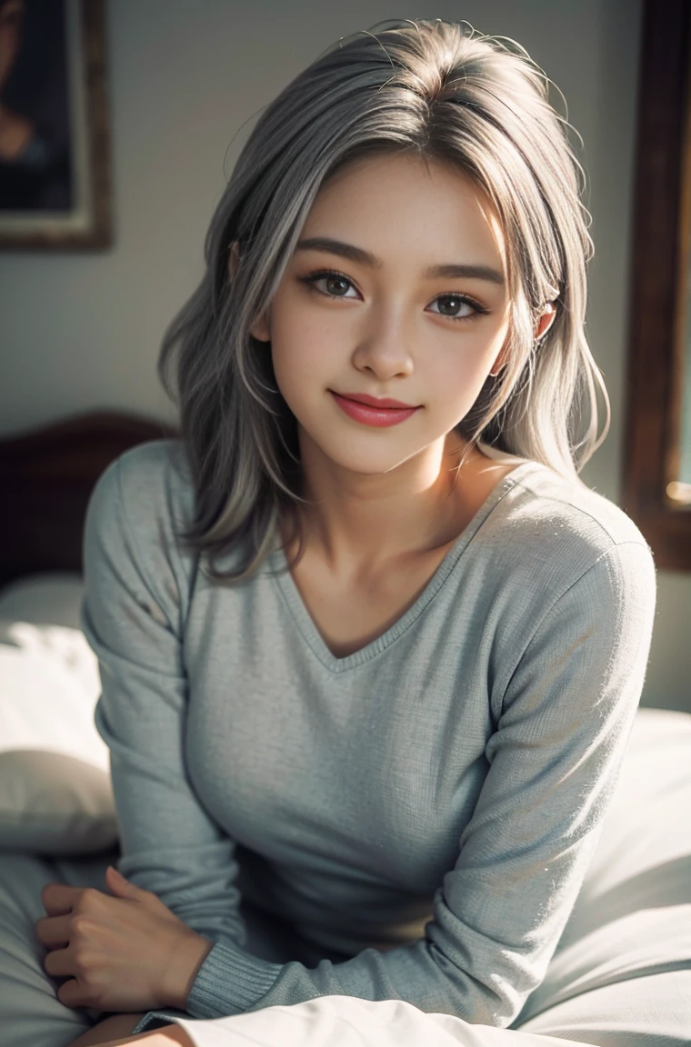 (1girl, 18 year olds),medium breasts, light grey hair, smiling, realistic photo, well-proportioned body,  on a bed in a supine position, with thick pubic hair, legs spread open) (best quality, high-res, ultra-detailed), (vivid colors, natural lighting), (portrait, realistic painting), (soft, warm tones)