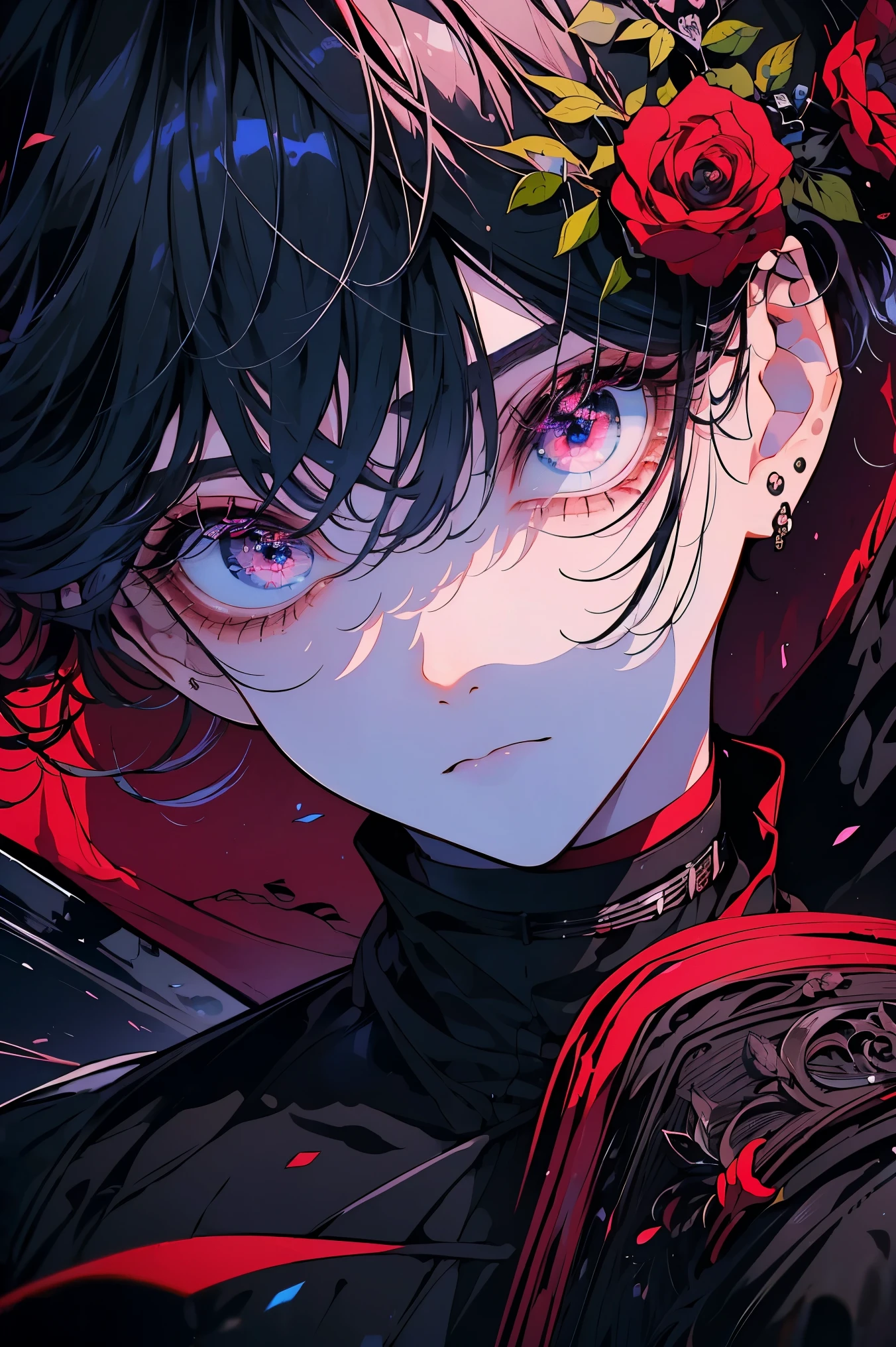 (Mastepiece), (Best Quality), Very detailed, 1 boy, Solo Shooting, Perfect Face, Beautiful Face, Very detailed顔,(Black short hair:1.3),(Big eyes:1.4),(Long eyelashes:1.4)、(Red eyes:1.3)、Lots of flowers