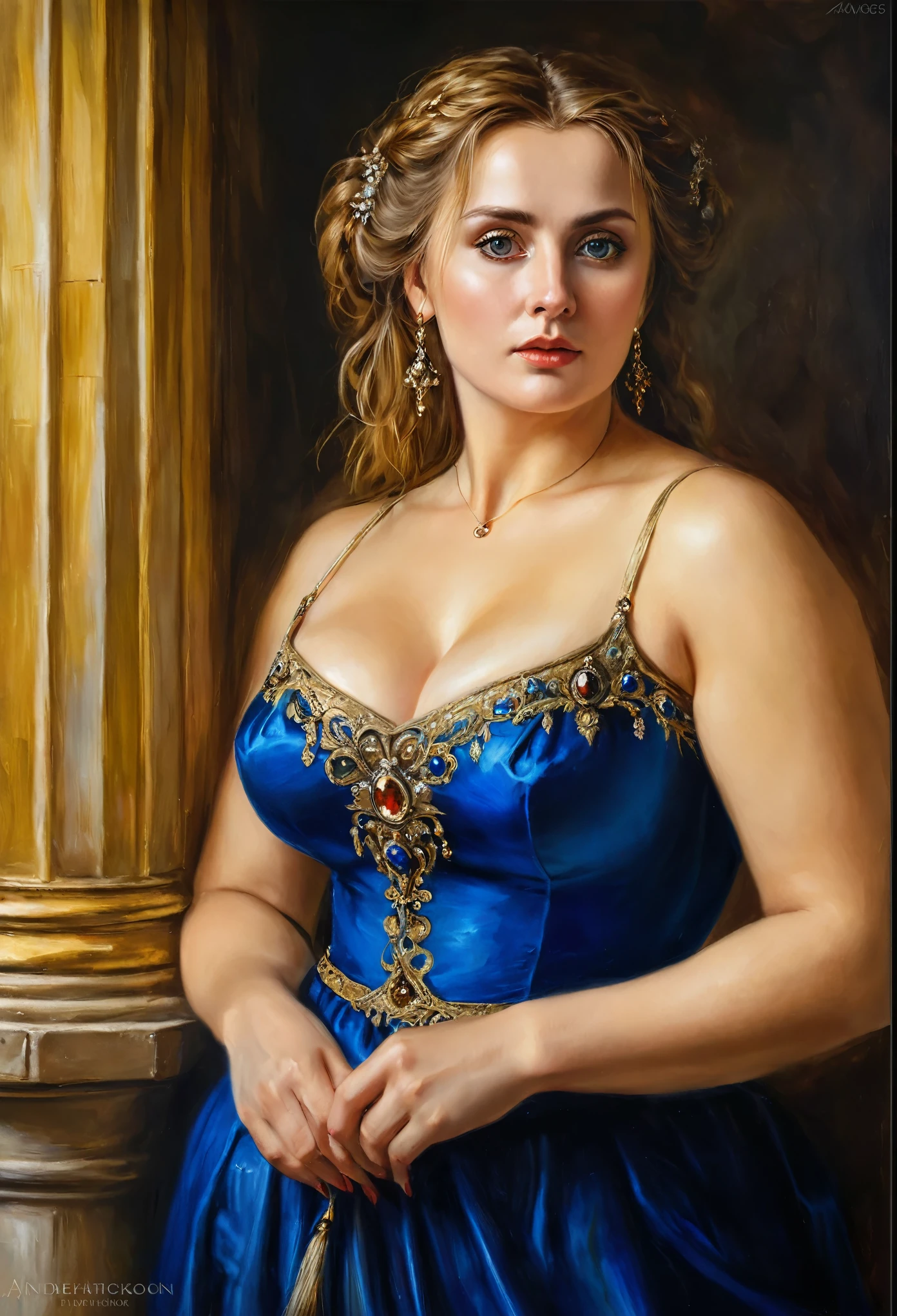 portrait, extremely gorgeous, 45 years old Woman, middle ages, thick figure, classicism, andrey atroshenko style, painting, pierced eyes, beautifully styled hair, traditional media, realistic, figurative, fine art, oil on canvas, HDR, 8K, original character, high resolution, vivid colours, high detail, focus on the face, beautiful eyes 