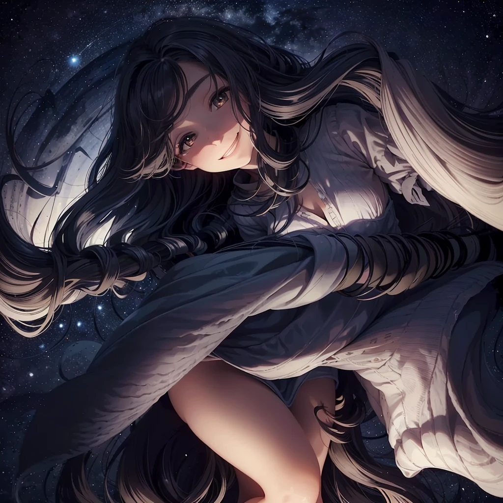 Woman with very long wavy black hair wearing a dress and smiling up. Little, surrounded by the night sky