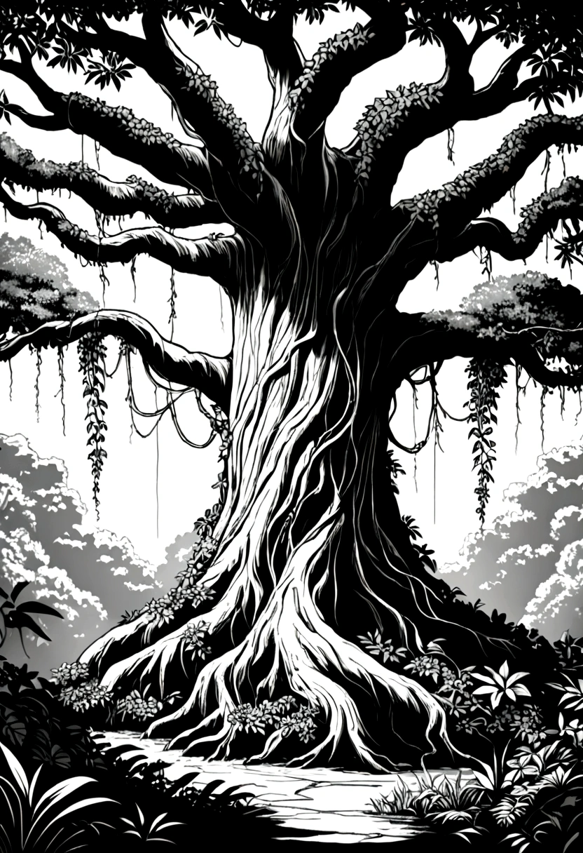 Rainforest,Big tree with vines entwined,Black and white line drawing,Line Art