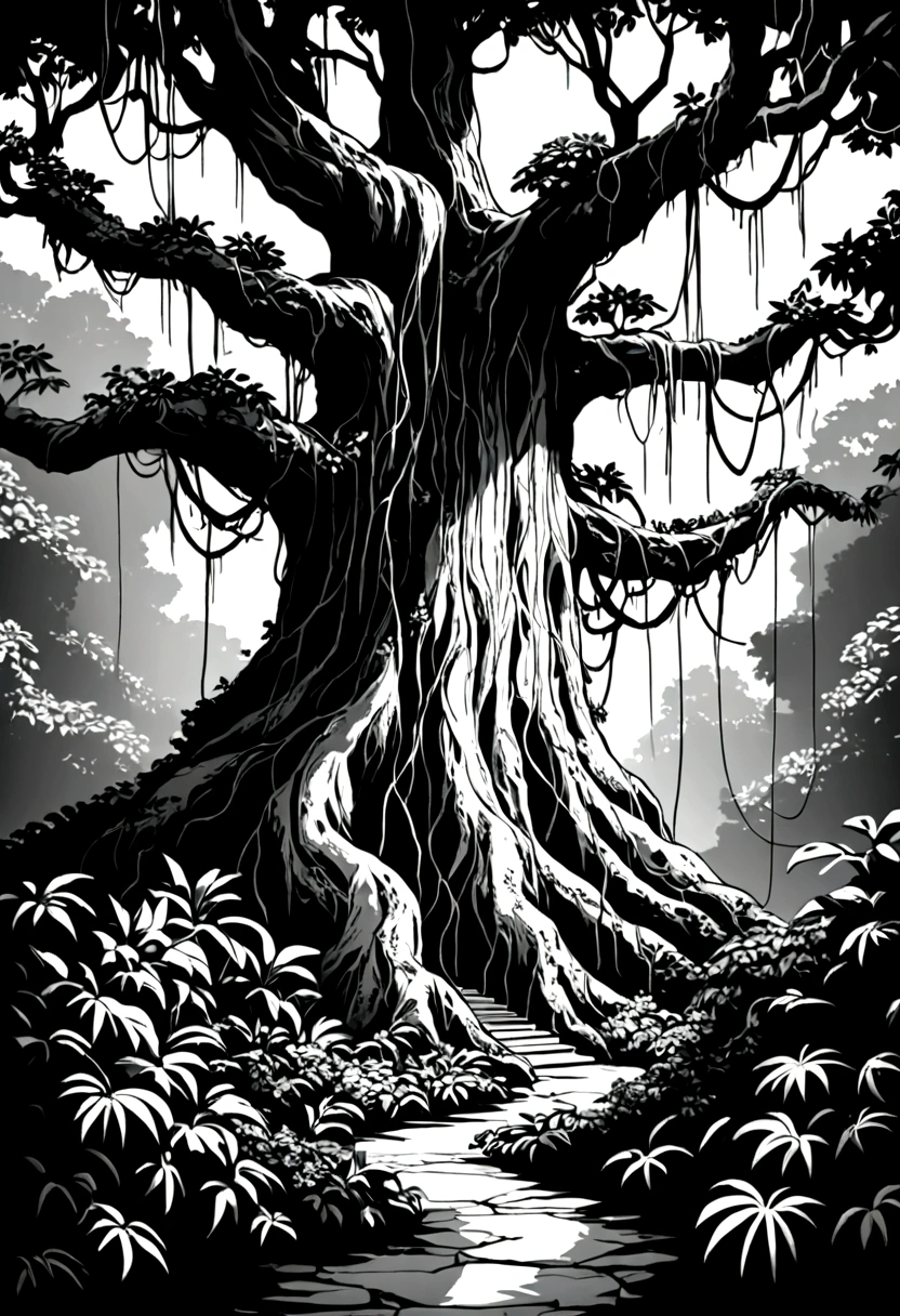 Rainforest,Big tree with vines entwined,Black and white line drawing,Line Art
