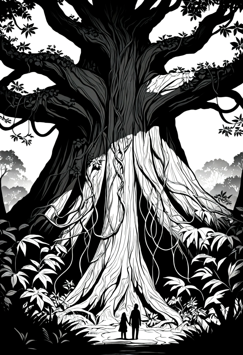 Rainforest，Big tree with vines entwined，Black and white line drawing，Line Art