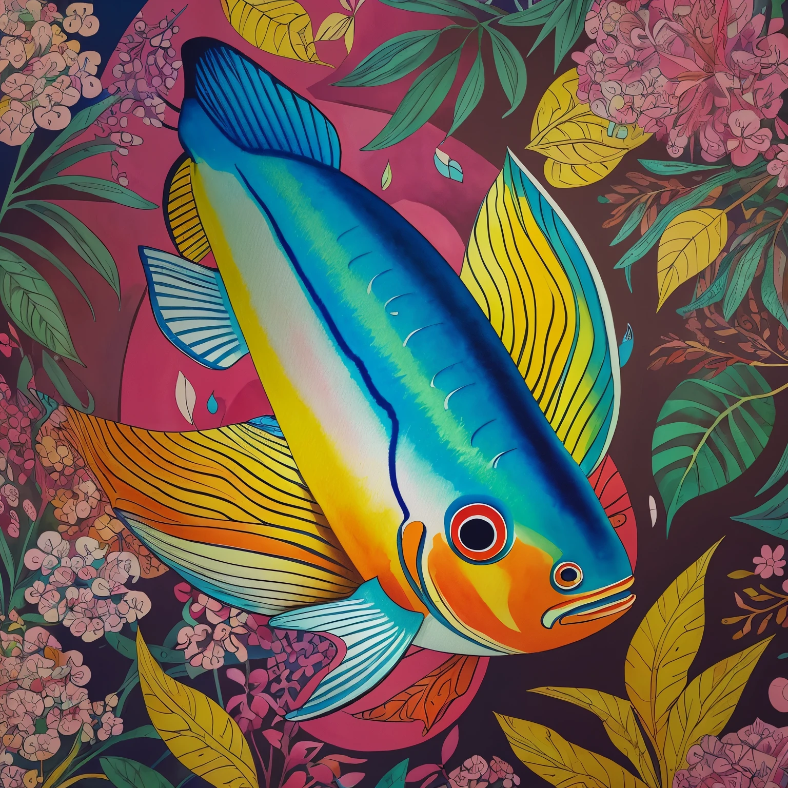 ((very good quality, realistic, excellent drawing of details)), watercolor style of guppy fish, pop art painting by Annabel Kidston, winner of the behance competition, "naive art", "maximalism", "fauvism", "pop art".