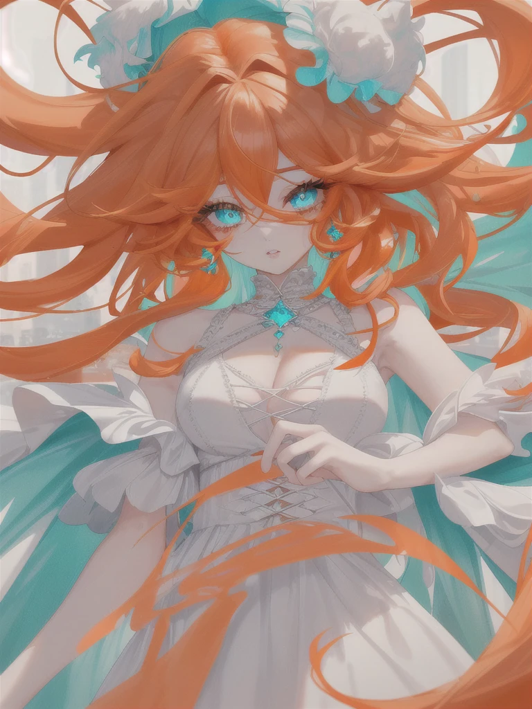 super verbose、highest quallity、vibrant colors、HD 4k、 a beautiful girl、beautiful fur、long curly orange hair、Messy hair、disordered hair、orange eyelashes、diamond eyes、turquoise eyes、Beautiful  eyes、detailed eyes、lips、bright and low-cut white dress、spectacular view、