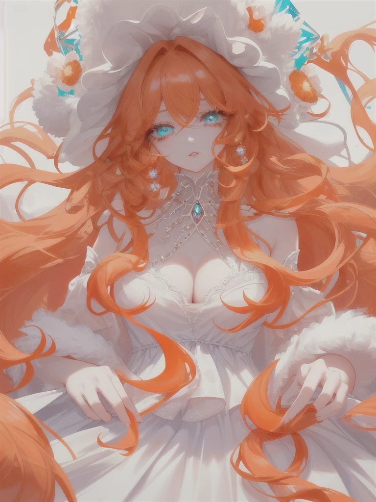 super verbose、highest quallity、vibrant colors、HD 4k、 a beautiful girl、beautiful fur、long curly orange hair、Messy hair、disordered hair、orange eyelashes、diamond eyes、turquoise eyes、Beautiful eyes、detailed eyes、lips、bright and low-cut white dress、spectacular view
