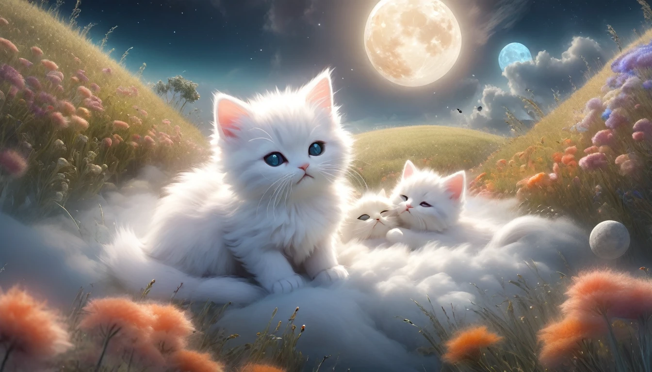 small,Fluffy kittens、 Surrounded by vibrant fields, Sleeping on a white cloud ,night、moon、 The scene is softly wrapped, Mysterious glow, Infusing the surreal with a dreamlike atmosphere, abstract scenery. 3D fractal elements add depth and dimension, Creation of magic, An otherworldly atmosphere straight out of a fairy tale.Highest quality、masterpiece