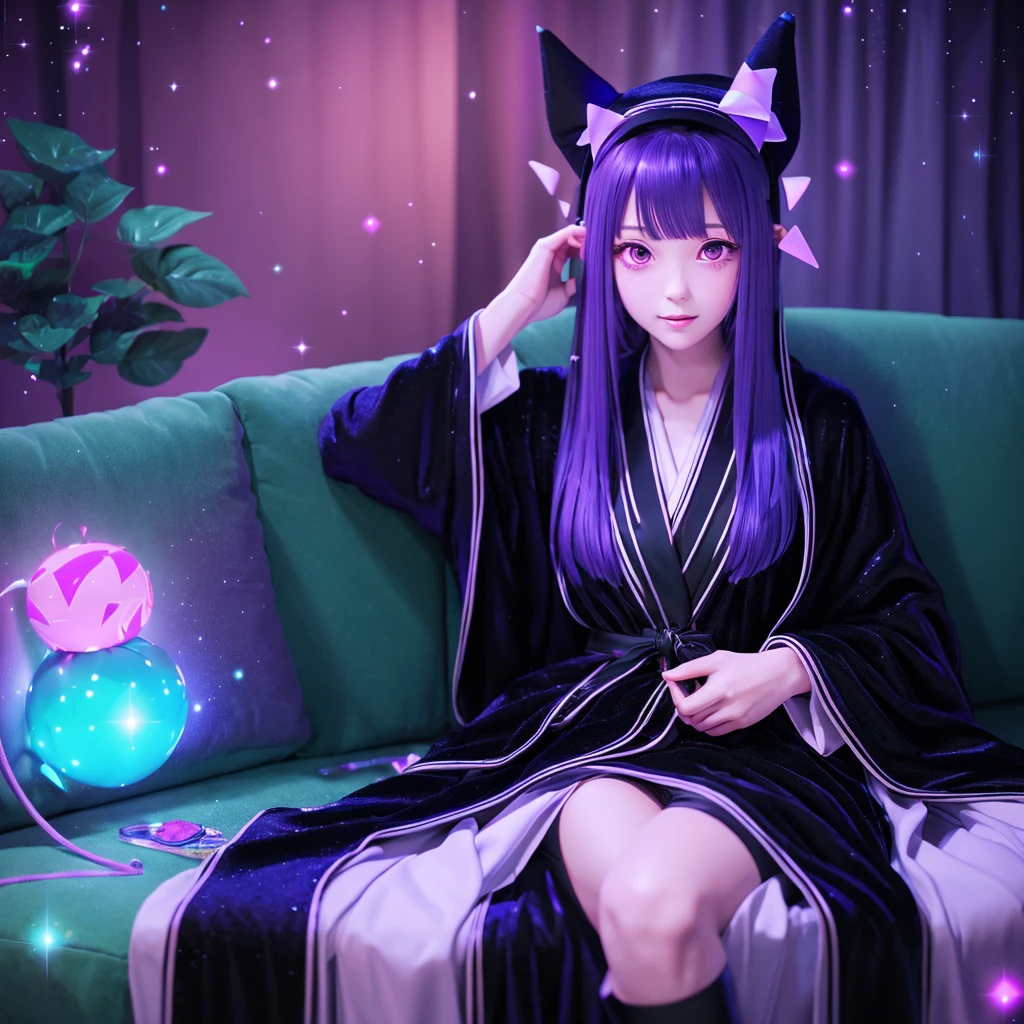 anime girl long purple hair wearing a black Robe. she has pointy ears. Witch Hat. Manga kawaii. iridescent ,An illustration, Sit on the sofa, (no background)