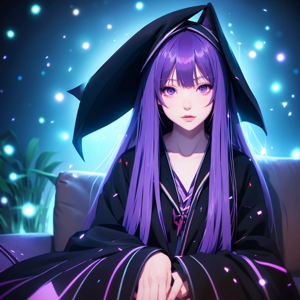 anime girl long purple hair wearing a black Robe. she has pointy ears. Witch Hat. Manga kawaii. iridescent ,An illustration, white background,Sitting position