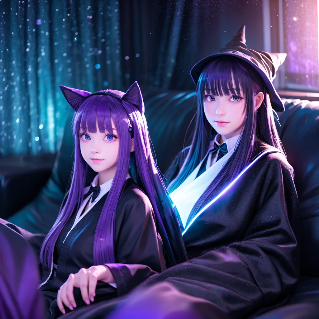 anime girl long purple hair wearing a black Robe. she has pointy ears. Witch Hat. Manga kawaii. iridescent ,An illustration, Sit on the sofa, (no background)