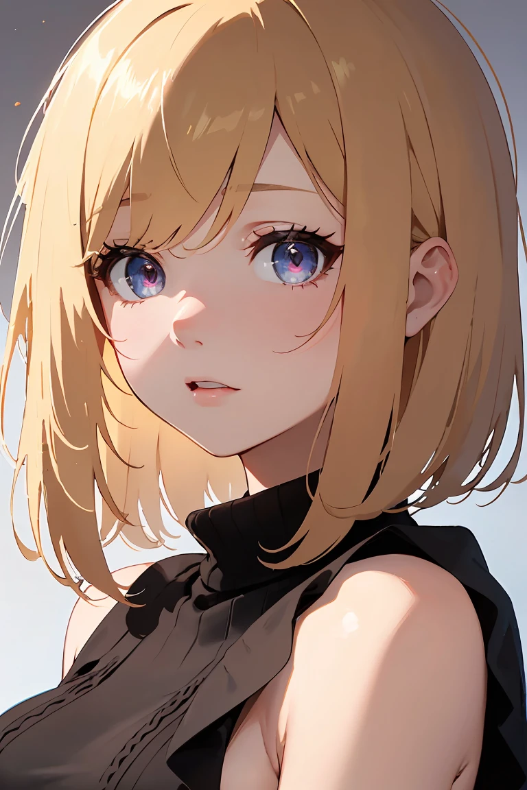masterpiece, absurdres, best quality, ultra detailed, high Resolution, detailed illustration, bright colour, (extremely beautiful detailed face and eyes, Delicate beautiful face, 1 girl, cute face:1.3), (magenta eyes:1.1), sparkling eyes, big eyes, medium breasts, (perky breasts:1.1), (pointy breasts:1.1), medium hips, glamorous body, white skin, BREAK, long bob cut, (blonde hair:0.8), messy hair, detailed hair, shiny hair, BREAK (Sleeveless knit, undressed, down blouse, Sideboob:1.3), perfect lighting, (embarrassed:1.3), (ecstasy, vulgarity:1.5), (trembling:0.8), full body,