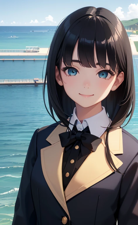 (Photorealistic:1.4)、(15-year-old:1.5),(masterpiece、spot light:1.2、Exquisite beautiful eye:1.5,portlate),(kind eyes、tareme:1.9),(Close-up of face:1.5,face focus:1.5)、(Cute Face、 3D Face)、(black hair:1.5)、(middle hair:1.5),(sidelock :1.5),(blunt bangs:1.3),(1  school girl)、(aqua eyes:1.2)、(upper body:1.5)、(light smile:1.5)、(from side),(head tilt) ,(half closed eyes),(flat chest),(),(school blazer:1.5),(Park with an ocean view background:1.5)、()、()、Slim Body(),Shiny Hair、