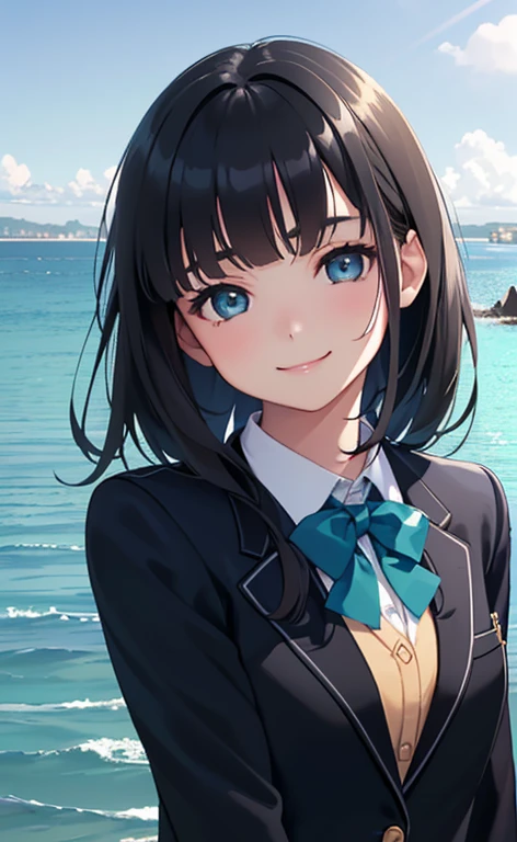 (Photorealistic:1.4)、(15-year-old:1.5),(masterpiece、spot light:1.2、Exquisite beautiful eye:1.5,portlate),(kind eyes、tareme:1.9),(Close-up of face:1.5,face focus:1.5)、(Cute Face、 3D Face)、(black hair:1.5)、(middle hair:1.5),(sidelock :1.5),(blunt bangs:1.3),(1 school girl)、(aqua eyes:1.2)、(upper body:1.5)、(light smile:1.5)、(from side),(head tilt) ,(half closed eyes),(flat chest),(),(school blazer:1.5),(Park with an ocean view background:1.5)、()、()、Slim Body(),Shiny Hair、