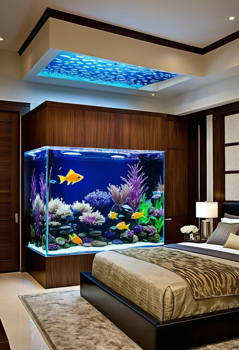 Experience a harmonious blend of nature and luxury in this bedroom adorned with a striking fish tank as its centerpiece, creating a serene sanctuary for relaxation.