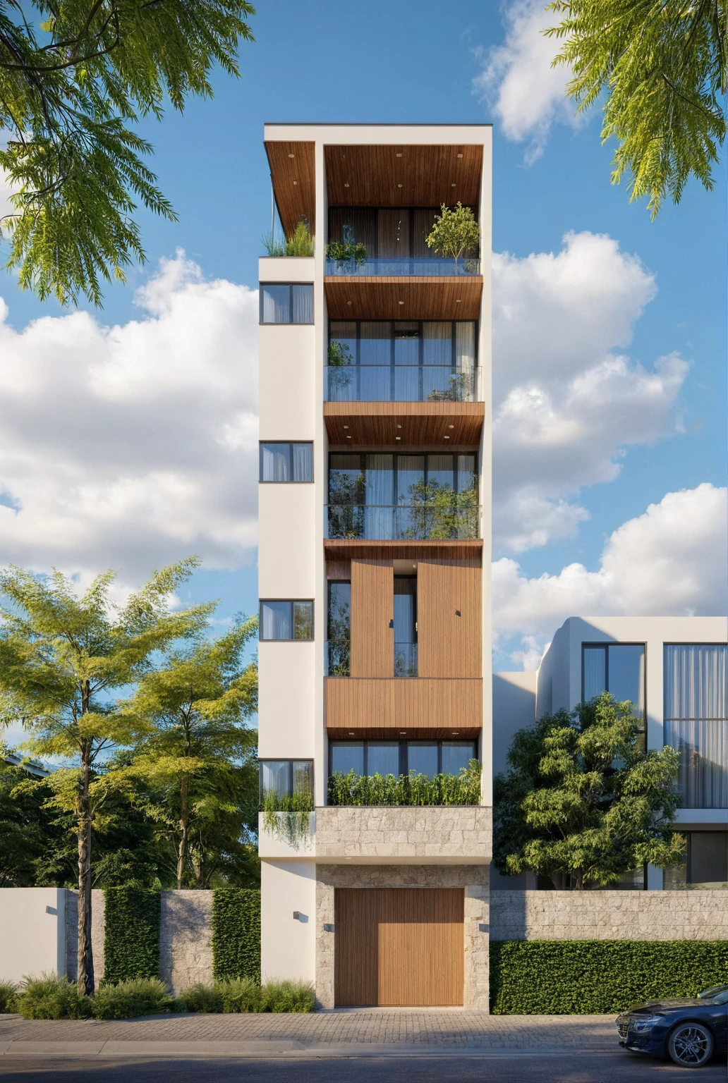 Raw photo,Masterpiece, high quality, best quality, authentic, super detail,
exterior, outdoors, house style modern on the street, glass windows, gate, wooden ceiling,
road,pavement, trees, sky, cloud, (daylight:1.1)