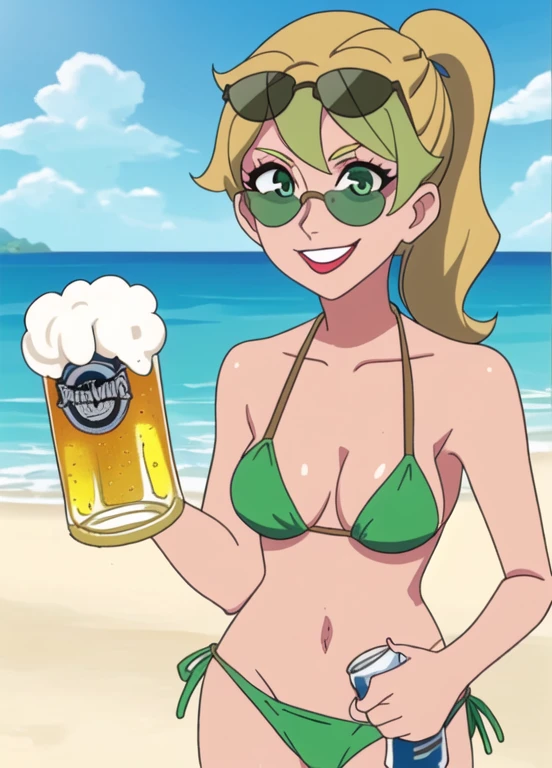 LWA masterpiece, best quality, 1anime coloring, 1girl, solo, sexy, 36-years-old, tan olive skin, short blonde hair, pony tail style, emerald eyes, eyeshadow, mascara, red lipstick, ((Wearing a flossing green bikini and sunglasses)), she's looking at the camera with a thrilled smile, ((holding a beer can in one hand)), outdoors, beach, blue sky,cloud, parody, day,