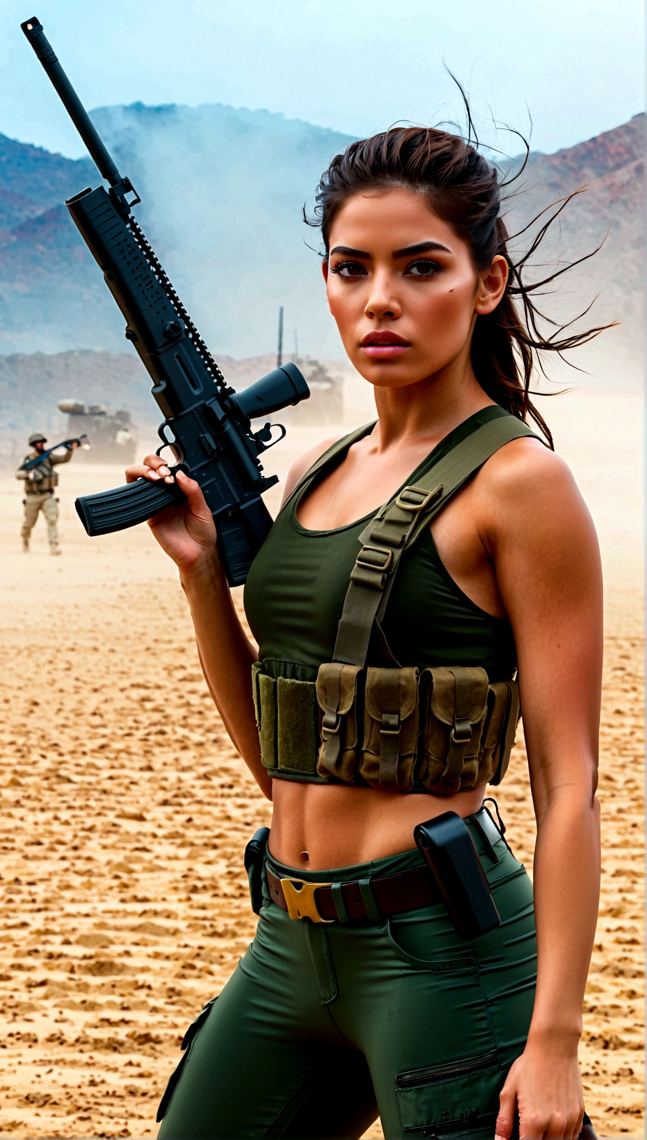 A hyper-realistic photo of a 20-year-old hispanic American woman with brown hair, acting as a fierce soldier in a war-torn battlefield. She has a strong, athletic build and is holding an AR-15 rifle, her gaze intense and unwavering as she looks directly at the viewer, channeling the spirit of Sean Young's character in Blade Runner. The backdrop is a chaotic scene of fog, smoke, destroyed machinery, stone, sand, wind, fire, and a turbulent sky.