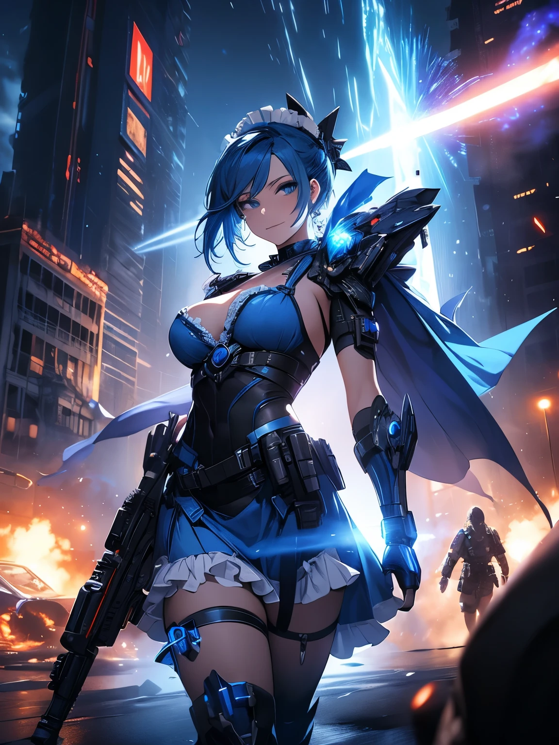 Masterpiece, digital artwork, A beautiful blue-haired adult woman wearing a frilly skimpy maid outfit, holding a futuristic machine/plasma gun, battlefield background, explosions in the background, fierce/maniacal smiling, highly detailed, dynamic volumetric lighting, intricately detailed, hyperdetailed face,