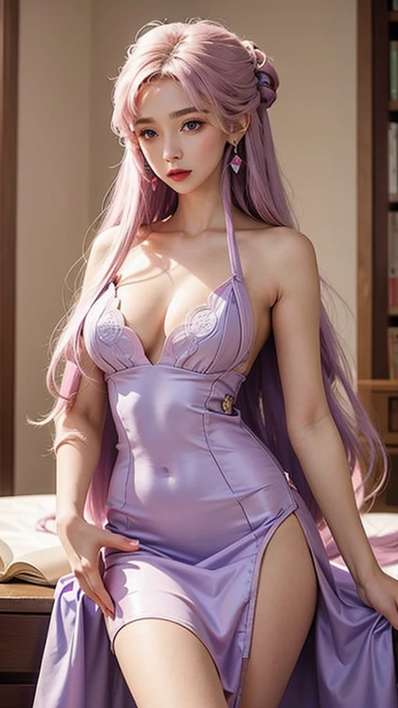 One female　View your viewers　A dress with bare shoulders　Pale purple dress　Ample breasts　Beautiful Skin　Blue eyes　Light pink lips　Smooth, long hair　Beautiful earrings　