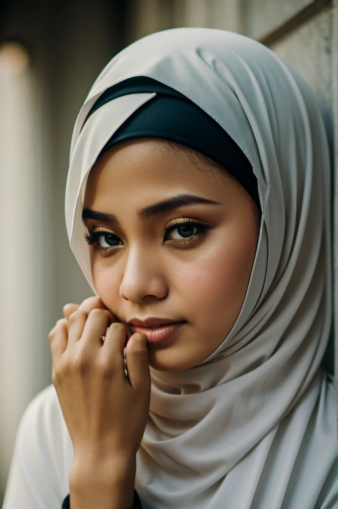 A woman hijab malaysia, eid, captured, cuffed hand, struggle, plain background, photography
