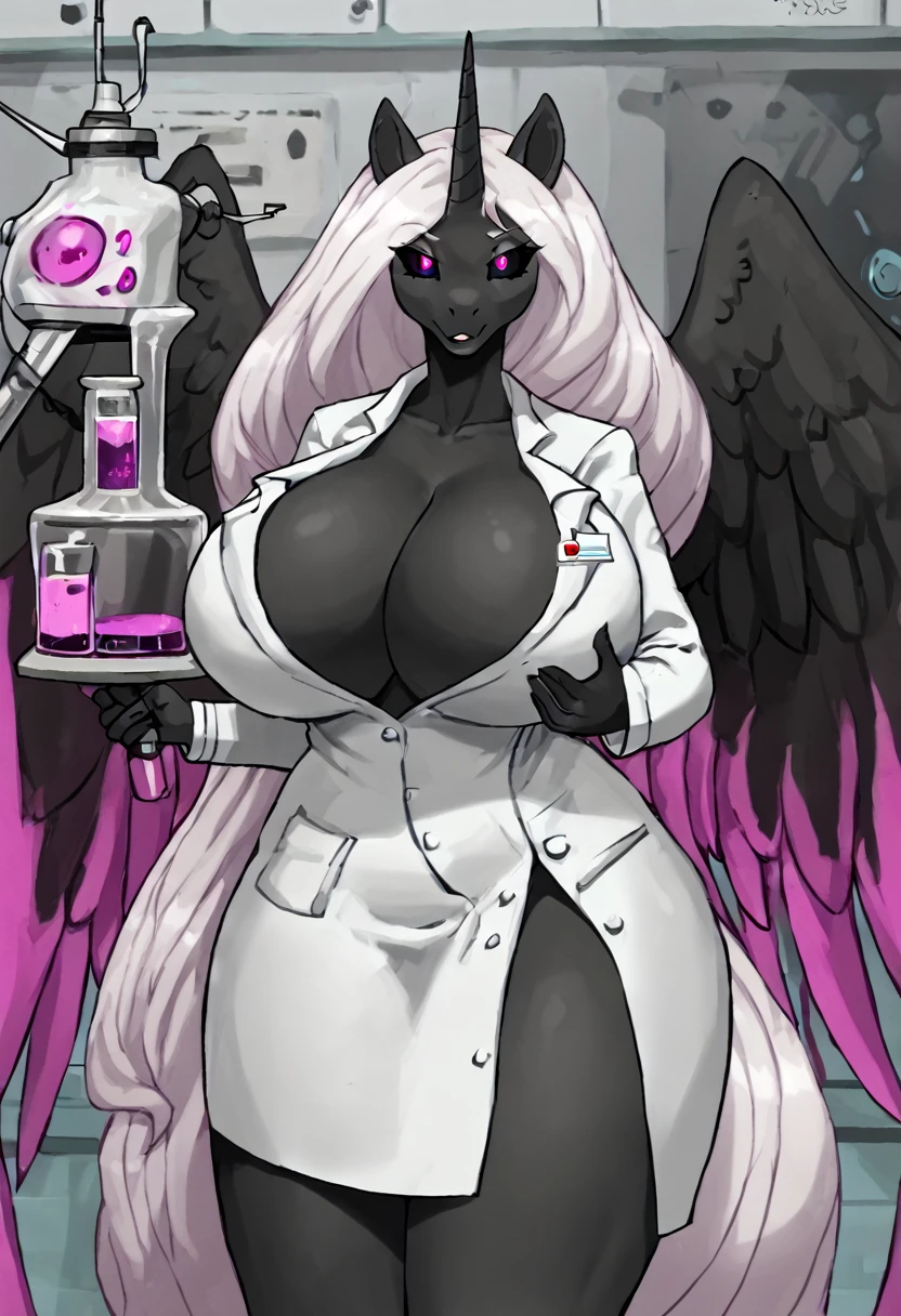 Alicorn princess, white mane,black sclera ,black body color  long flowing  mane pink eyes anthro thicc thighs huge breasts 
Scientist ,lab coat, laboratory 