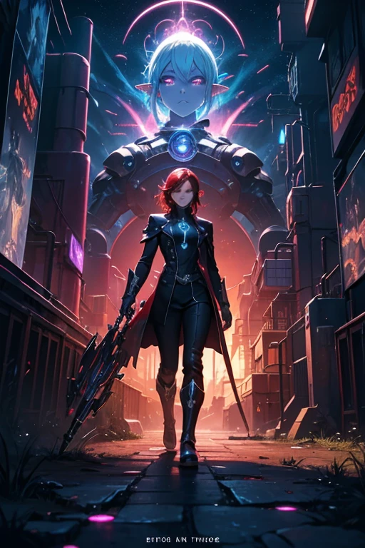 Niji mode. Full body, elf wizard, secret agent, wearing a fine and elegant suit, holding a pistol with long barrel glowing magic carvings and long handle, technological boot with glowing magic circuits, ruby eyes, dark red hair, orange skin, glowing red tattoos, ruby piercings, looking at the viewer, detailed face. Atompunk, android, cyborg, mechanical parts with magic stones, magic glowing eyes, advanced technology mixed with magic, magic circuits, gears made of magic materials, developed by Technological Magic. Walking in the middle of a magical atompunk metropolis mixing technology and vegetation, particle effects, wide and deep scenery, with multiple planes of depth, cinematic and dynamic scene with a sense of movement, view of magical bright lights reflecting the scene, stylish pose, aura lights, glowing technological cables, epic atmosphere, magic tools, old anime style, Studio ghibli, metal hurlant, artbook, RPG fantasy.