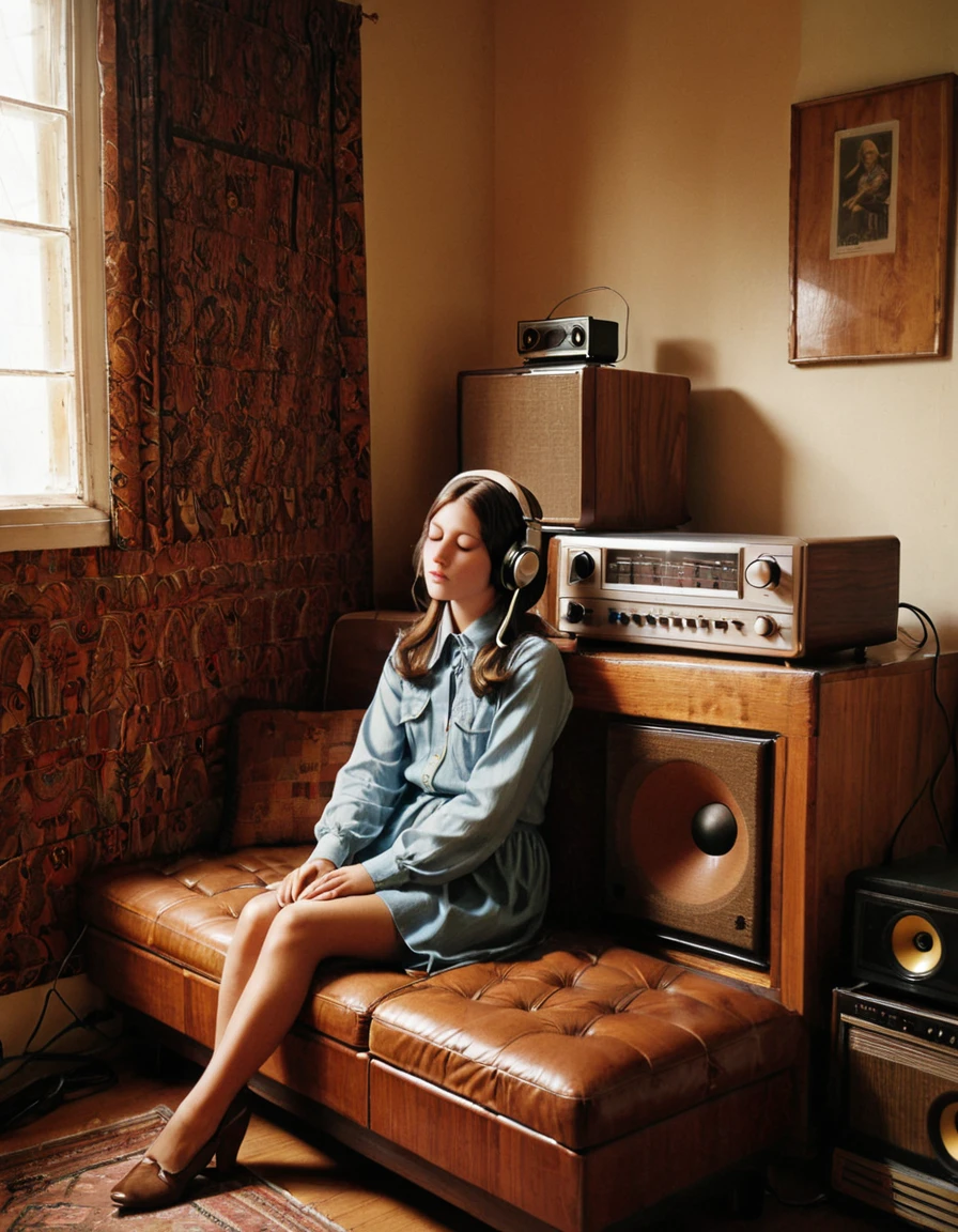 1girl, 1970s, In the corner of the room sits a large stereo set. Its vintage wooden casing brings warmth to the room. The music from the stereo reaches her ears directly through the (headphones). Girl sink deeply into the sofa, close your eyes, and surrender herself to the music. The slow rotation of the record needle, the faint noise leaking from the speakers, all of these fill the moment with a (retro atmosphere:1.3).