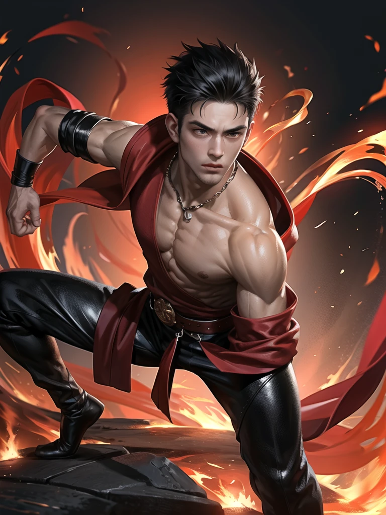 (Martial arts style works),(quality),(height),(Detailed background of a young boy.),(fire),(handsome),(Wear a black and red outfit),(Thin muscles)(light and shadow)