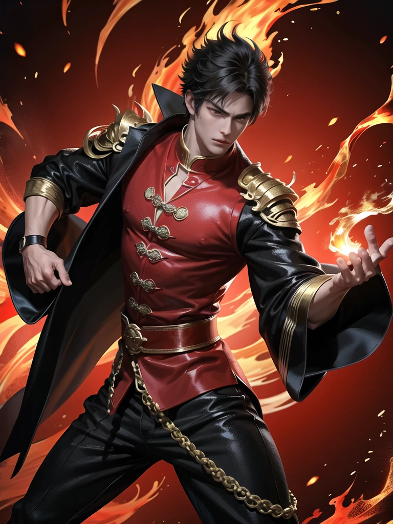 (Martial arts style works),(quality),(height),(Detailed background of a young boy.),(fire),(handsome),(Wear a black and red outfit),(Thin muscles)(light and shadow)