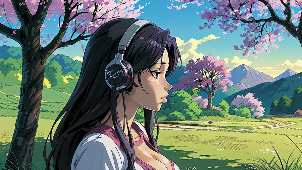 Anime girl with headphones in the train, a cherry tree in the background sam yang, 1girl, black hair, breasts, closed mouth, day, grass, headphones, lips, long hair, mountain, outdoors, profile, shadow, small breasts, solo, tree , ((masterpiece)) anime background art, amazing wallpaper, background art, hd wallpaper, relaxing concept art, beautiful wallpaper, high quality desktop wallpaper, background artwork, pc wallpaper, anime background, wallpaper hd, 8K image quality, Masterpiece