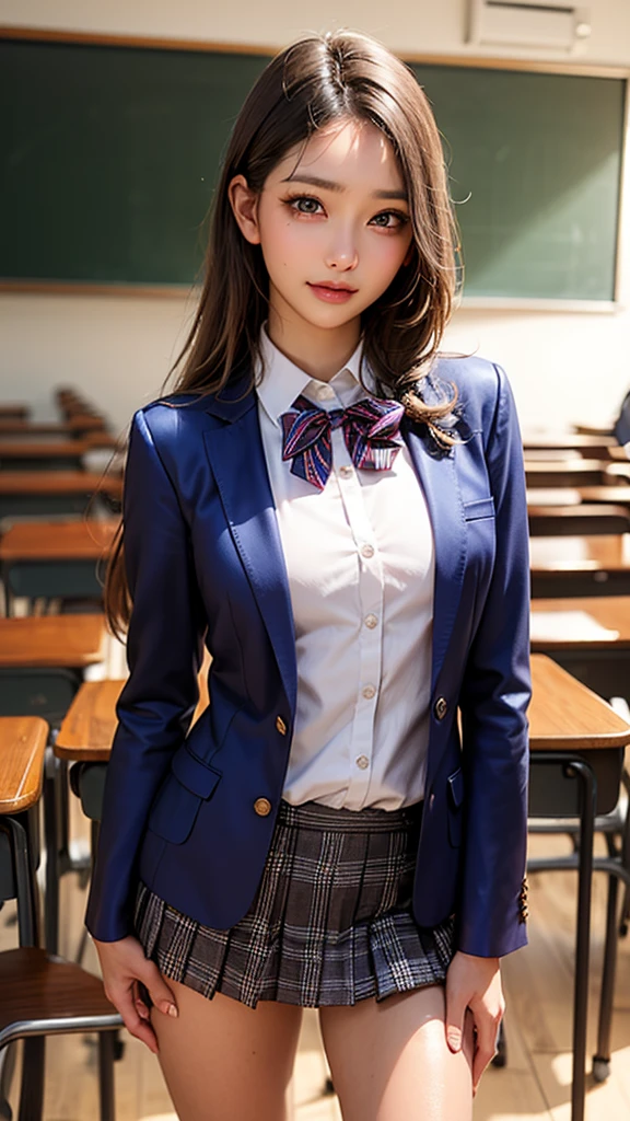((perfect anatomy:1.2,realistic:1.3,RAW Photography:1.3,masterpiece、highest quality、Ultra - High resolution、High resolution、Highly detailed CG、8K)),cowboy shot,1 female,solo,18-year-old、High school girl beautiful girl, Japanese,((beautiful detailed face and eyes:1.2,big gorgeous eyes:1.3,)),blonde hair,long hair,(center parted hair:1.4,forehead),medium breasts,slender body,small head:1.3,skinny,(brown skin:1.3),(oily skin,gleaming skin,shiny skin,sweat),(school uniform、Dark blue blazer jacket、plaid pleated mini skirt),classroom、School、