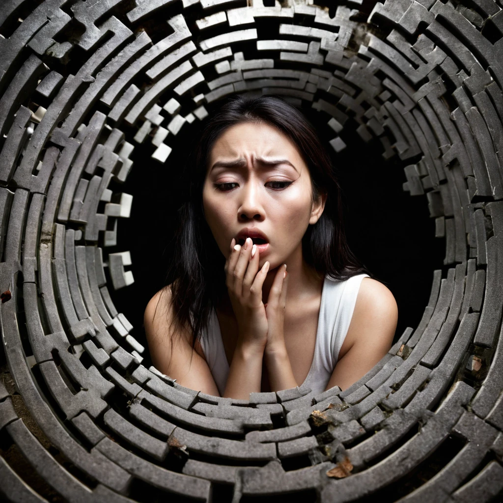 Create a haunting image of a mix Thai/Caucasian pretty woman lost in her own dangerous thoughts. The scene is dark and surreal, with fragmented pieces and puzzles of her mind swirling around her, showing both her inner turmoil and the perilous nature of her thoughts. Her expression convey confusion and fear, as she navigates through a labyrinth of ominous symbols and distorted realities. The overall mood is eerie and introspective.