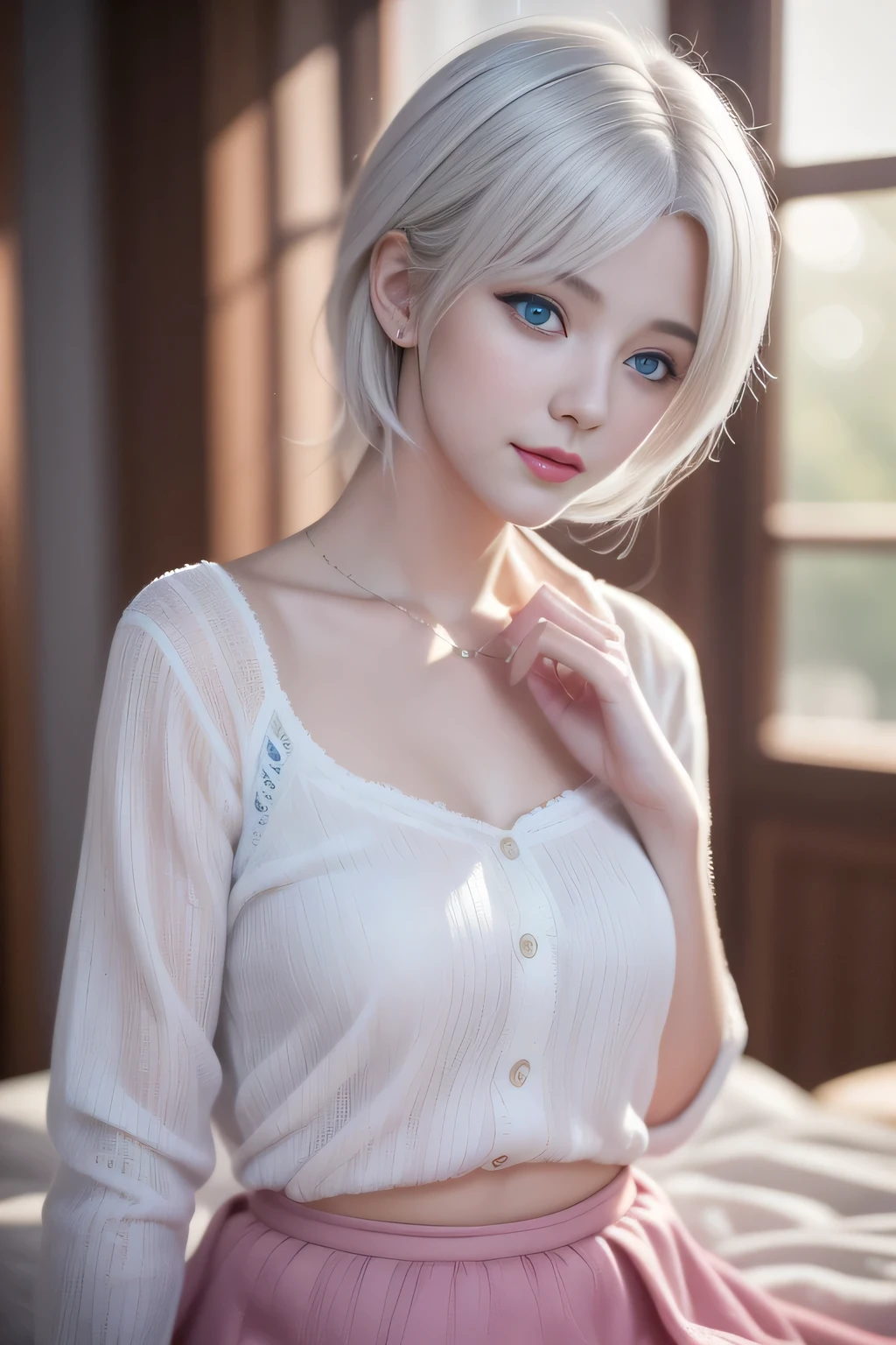 (4K, best quality, Masterpiece: 1.2), (Realism, Realisticity: 1.37), Ultra Detailed, 1 Girl, Shy, Bedroom, Tutor, Stone Section, One Hand Chest Hold, (Smile: 1.15), (Tongue Outstretched: 1.3), (Large Breast, Semicircle, Slightly Sagging: 1.5), Beautiful and Delicate Eyes, (Low Neck Clear Shirt: 1.1), Buttons are Falling, Open to Both Sides, No Bra, (Short Hair: 1.5), Floating Hair NovaFrogStyle, Silver Hair, Blue Eyes, Natural Lips, Slim Figure,