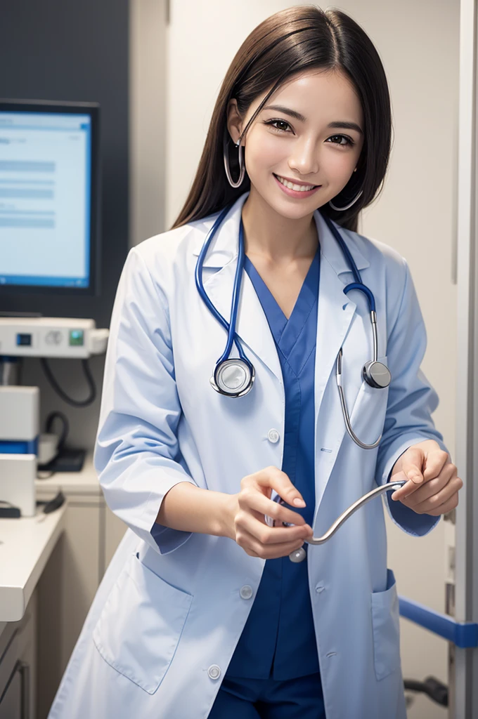 A doctor holding a stethoscope smiling and a busy hospital
